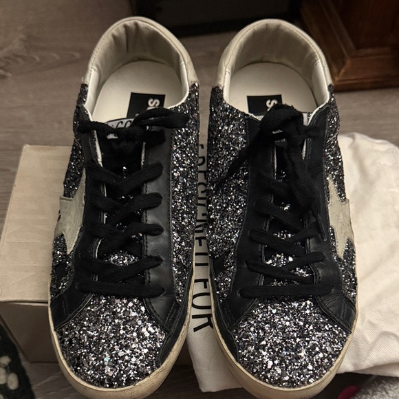 Golden Goose Deluxe Brand Super-Star Sneakers Black Silver Glitter Size 10 - Picture 2 of 12